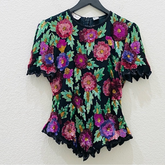 Vintage Laurence Kazar Heavily Beaded Sequin Floral Blouse Size M - Picture 9 of 16